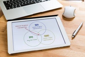 Digital marketing strategist comparing SEO and paid media performance for financial services campaign