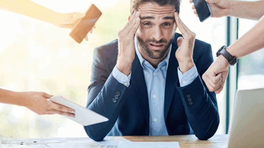 Bottlenecked businessman slowed down by traditional C-suite hierarchy