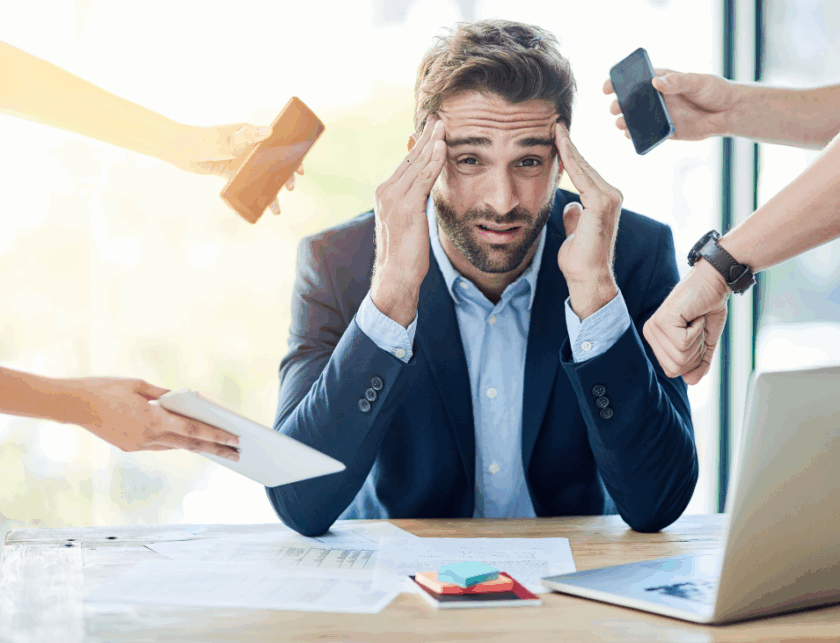 Bottlenecked businessman slowed down by traditional C-suite hierarchy