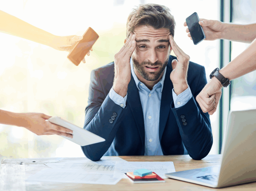 Bottlenecked businessman slowed down by traditional C-suite hierarchy