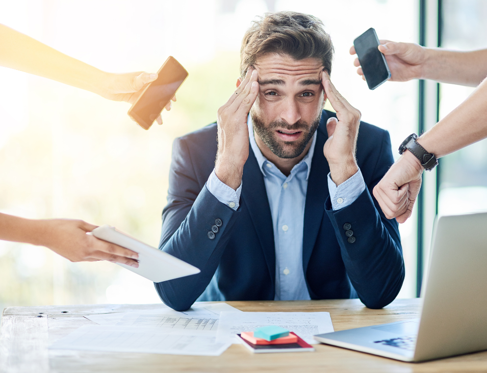 Bottlenecked businessman slowed down by traditional C-suite hierarchy